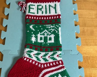 Cabin Christmas Stocking, Personalized, Hand Knit, Peruvian Wool, Made to Order