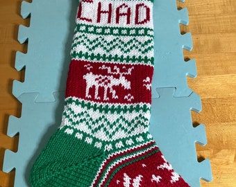 Moose Christmas Stocking, Hand Knit, Personalized, Peruvian Wool, Made to Order