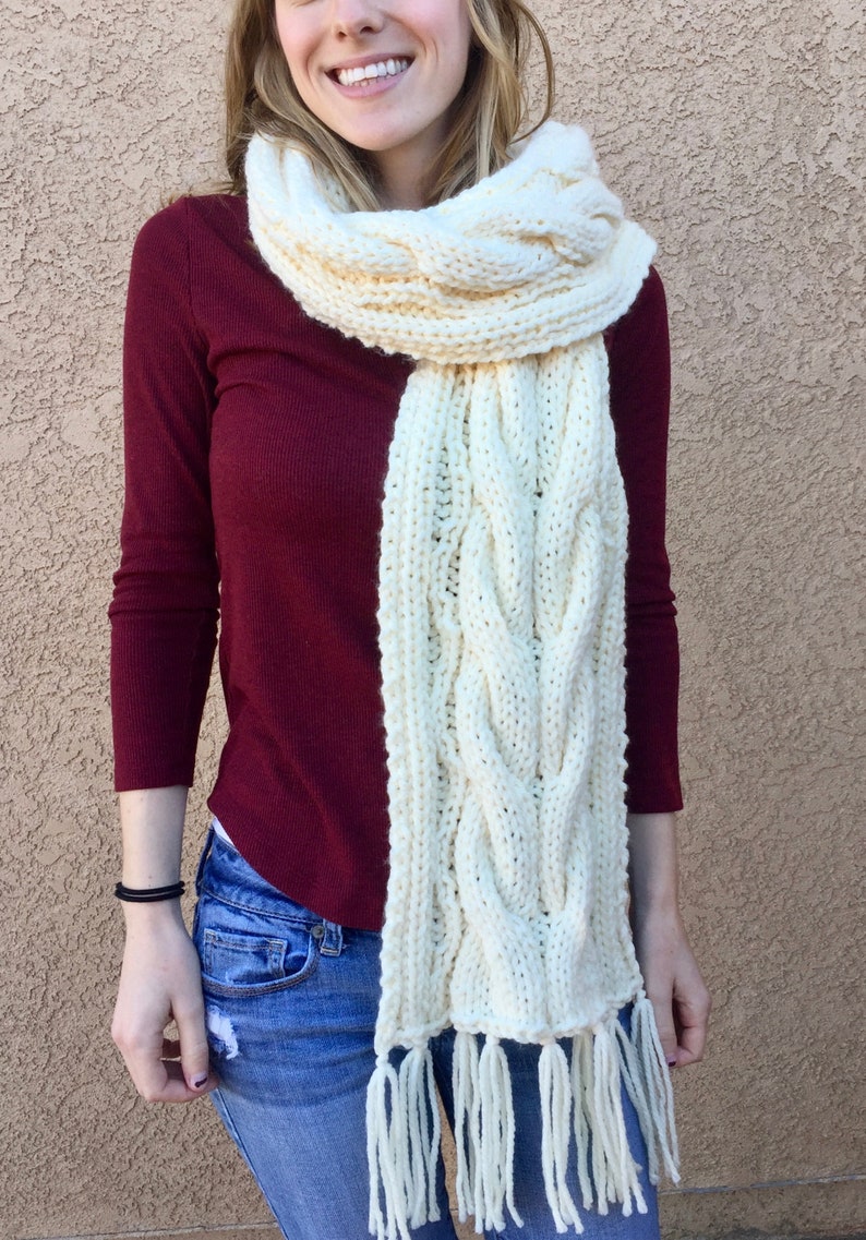 Knit Scarf Pattern: Chunky Cable Knit Fringed Scarf INSTANT | Etsy