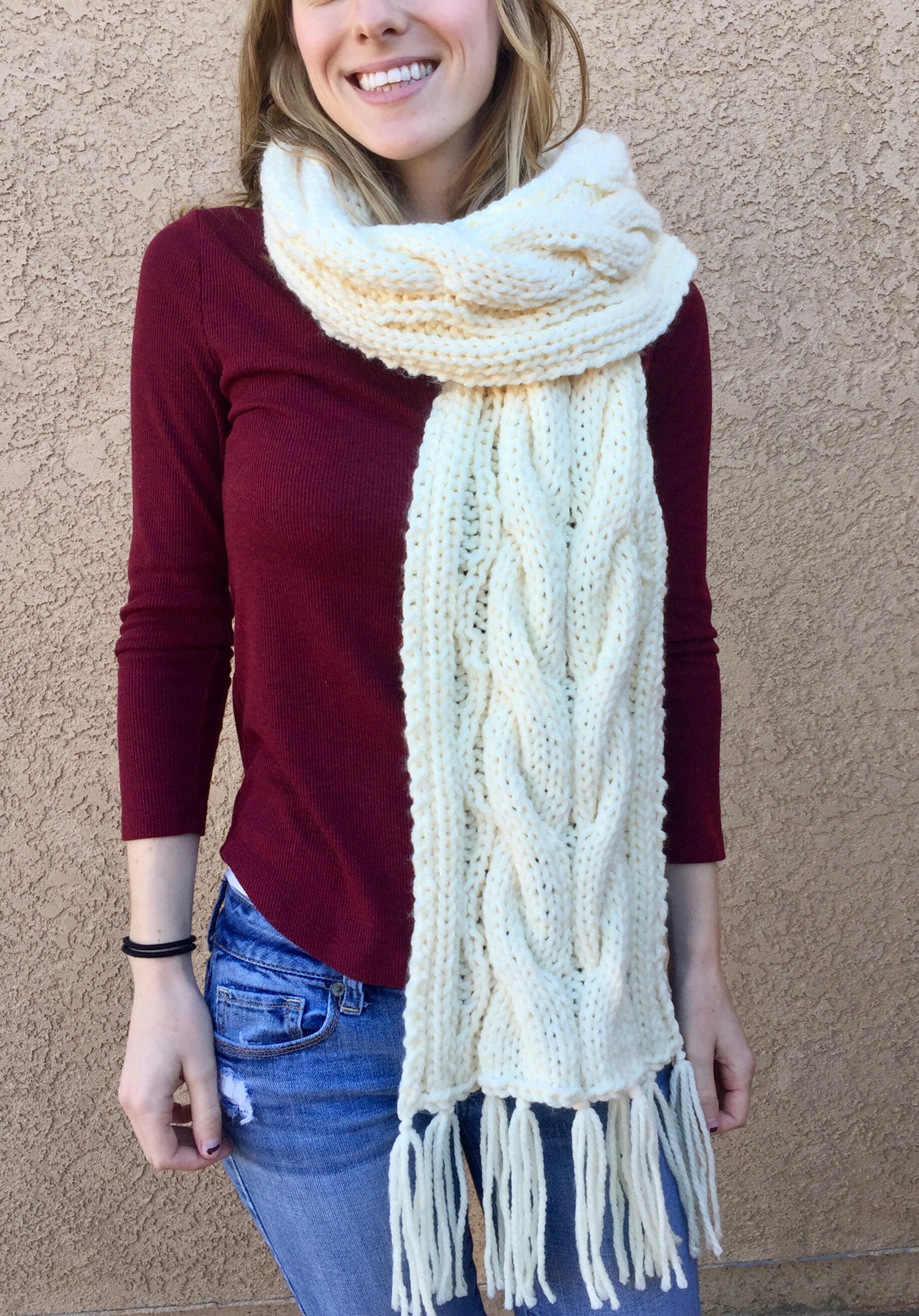 Knit Scarf Pattern Chunky Cable Knit Fringed Scarf INSTANT Etsy UK