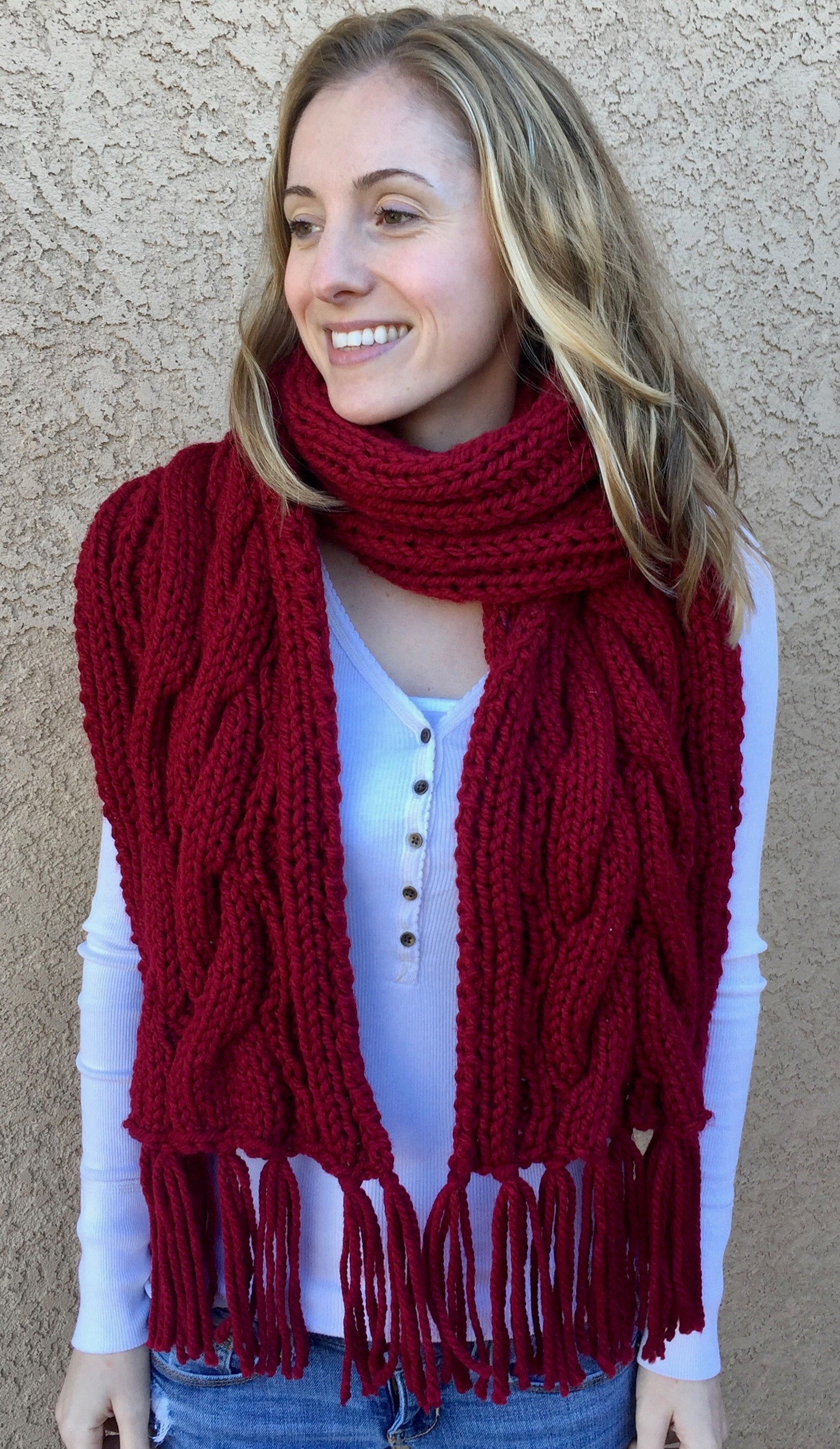 Knit Scarf Pattern Chunky Cable Knit Fringed Scarf INSTANT Etsy