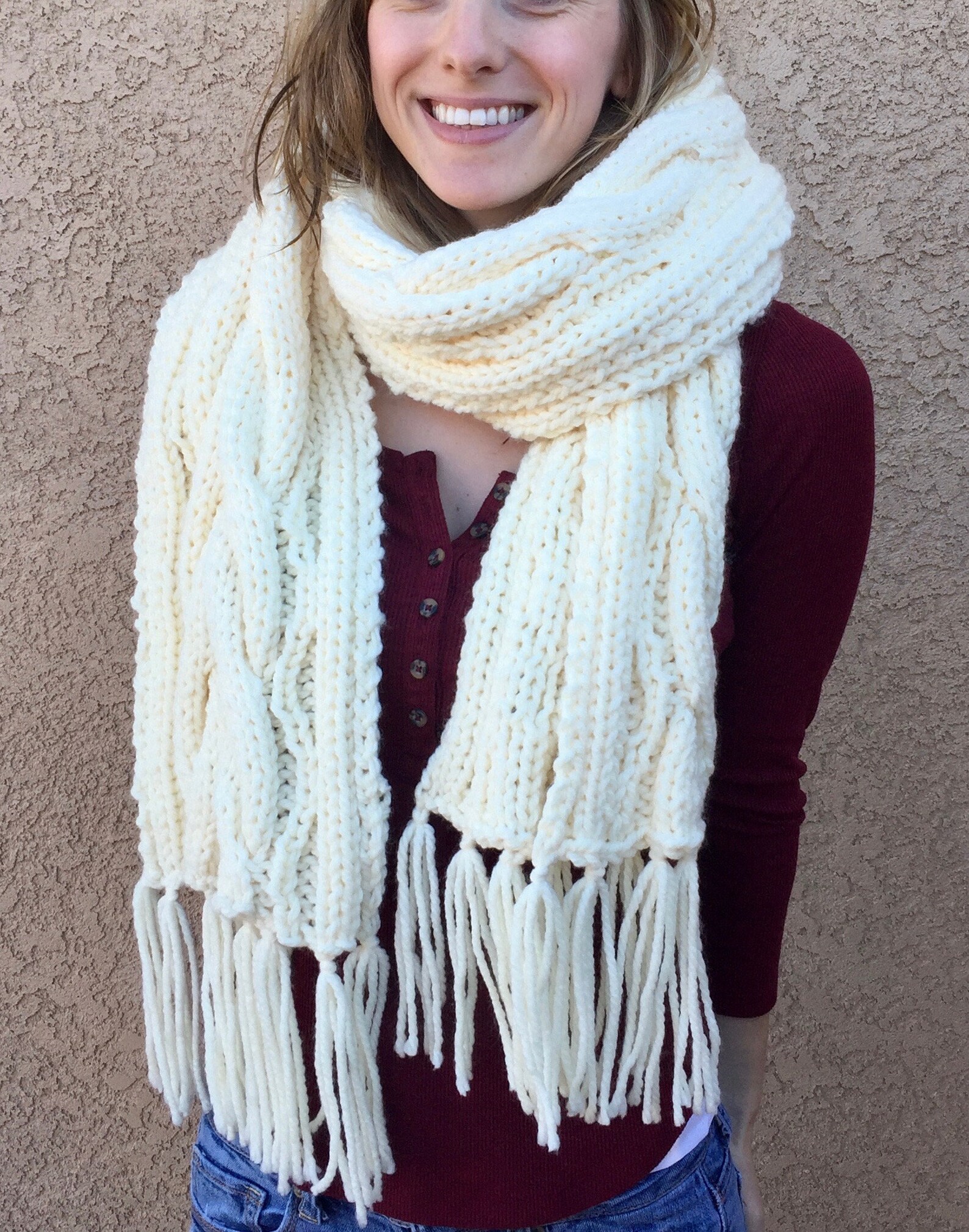 Knit Scarf Pattern Chunky Cable Knit Fringed Scarf INSTANT Etsy UK