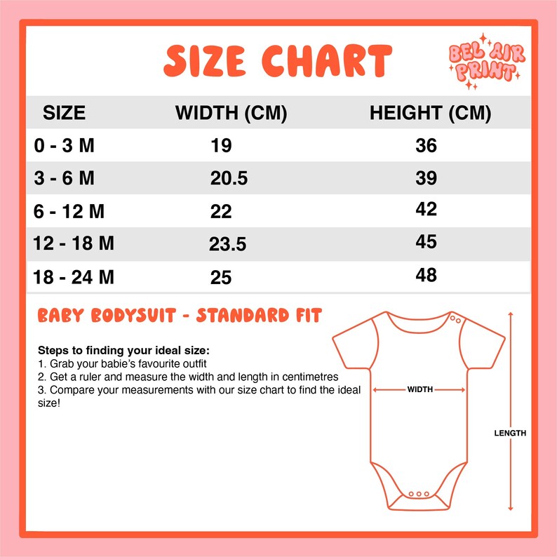 May include: A size chart for baby bodysuits, with measurements in centimeters. The chart includes sizes from 0-3 months to 18-24 months, with corresponding width and height measurements. Instructions are provided to find the ideal size.