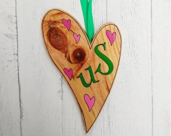 Wonky love, asymmetrical hearts, valentine's day, handcrafted, green, hot pink,hand painted, wall decoration, hangings, unique, wood, gifts