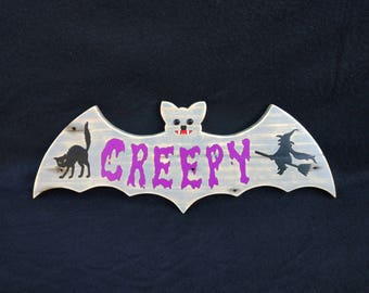 Halloween wooden decorations, creepy cat, wall hanging, vampire bat, handcrafted gifts, gothic style, unique designs, creepy witch sign