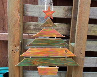 Handmade traditional christmas tree, wooden bespoke christmas tree, hanging ladder tree, handcrafted, hand painted, Xmas gift, vintage tree