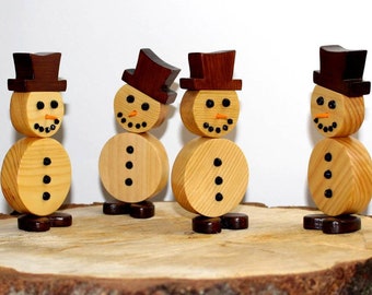 Handmade traditional Christmas gift, wooden snowman decoration, small standing snowman ornament, handcrafted, hand painted, carrot nose