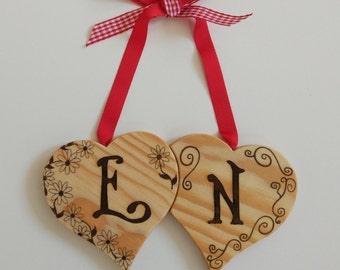 Handmade personalised valentines hanging wooden decoration, wooden love hearts, gifts for her, valentines wall hanging