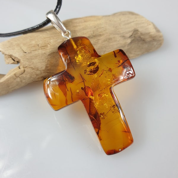 Amber Cross. Raw amber pendant, gemstone cabochon, unpolished natural Baltic Amber, unisex pendant, jewelry for man, gift handmade