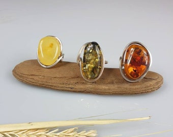 Amber ring, silver plated ring, natural Baltic amber, white amber rings. Rings. Green Amber Ring. Adjustable ring. Small gift for her.