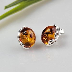 Amber earrings. Stud in earrings. Sterling silver 925. Elegant small amber earrings. Brown Amber earrings small Rare Amber Unique Stone
