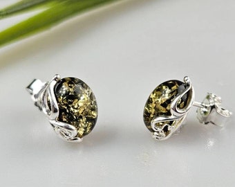 Amber earrings. Stud in earrings. Sterling silver 925. Elegant small amber earrings. Green Amber earrings small Rare Amber Unique Stone