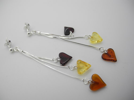 Amber heart earings, silver earings, hanging earings. Silver 925 earrings, long earrings, sterling silver, Baltic Amber Studs Amber heart