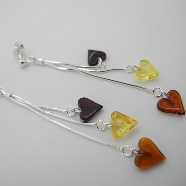 Sterling Silver Baltic Amber Heart Dangle Earrings, Multicolored Natural Gemstones