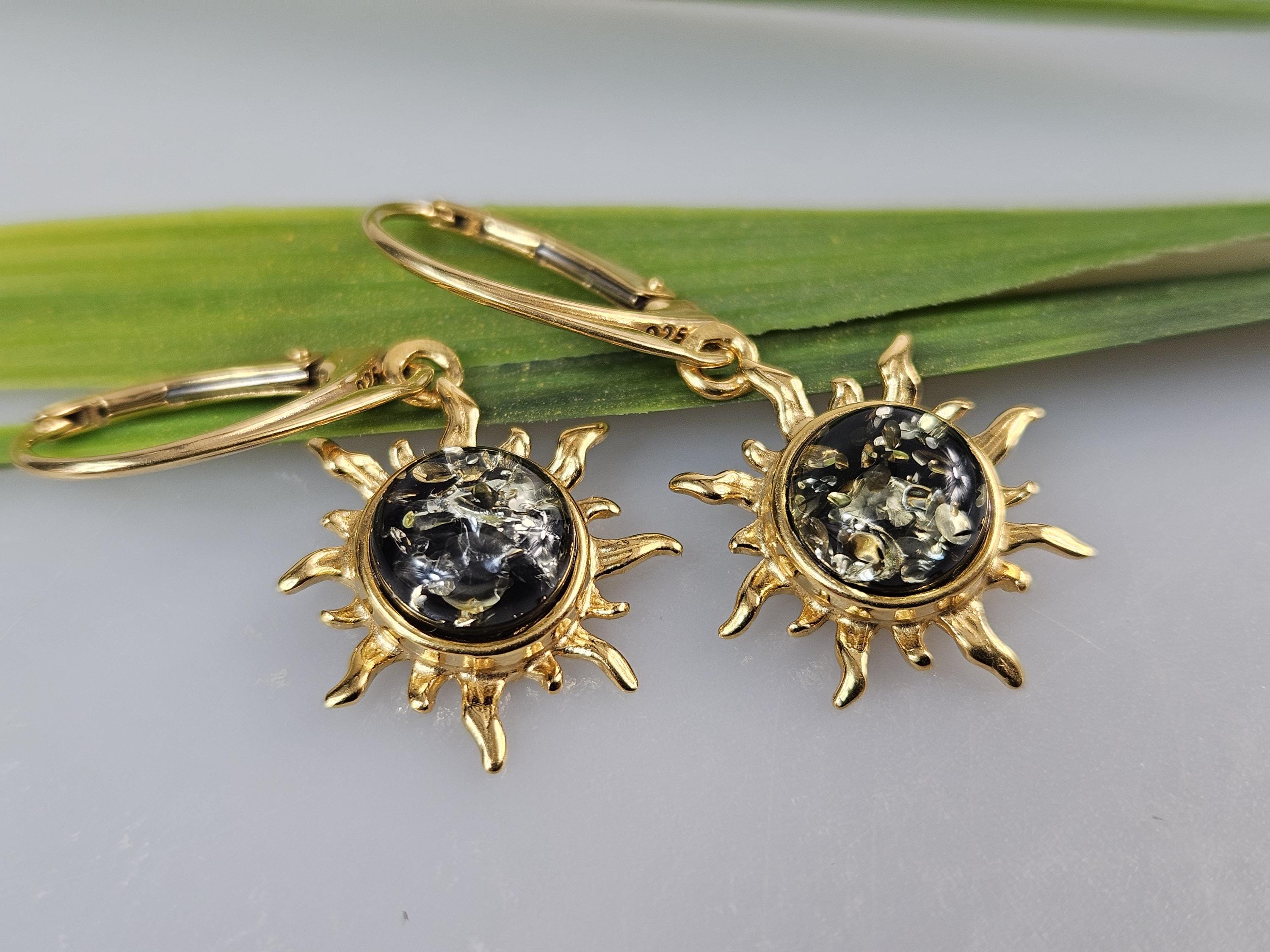 Boucles D'oreilles En Ambre Vert Plaqué Or 925 - Petites Boucles à Levier - Fait Main