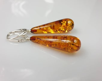 Cognac Amber Earrings. Teardrop Earrings. Amber honey brown hanging Earrings Baltic Amber Hanging Amber Dangle and Drop Gift For Her Long