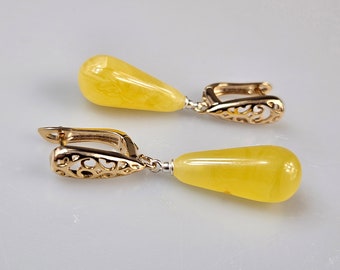 White Amber Earrings. Teardrop Earrings.  Yellow hanging Earrings Baltic Amber Hanging Amber Dangle and Drop Goft For Her Long