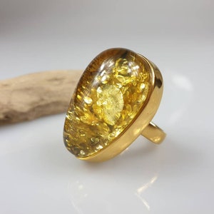 Green Ring, Amber Ring. Green Amber. Gold plated. Adjustable size. Big Ring. Unisex Ring. Huge large big Amber Ring.