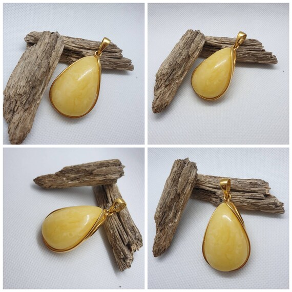 Amber Pendant Gold Plated Silver Baltic Amber Milky White Milky yellow amber pendant Egg yolk colour bernstein anhänger, Halskette Teardrop