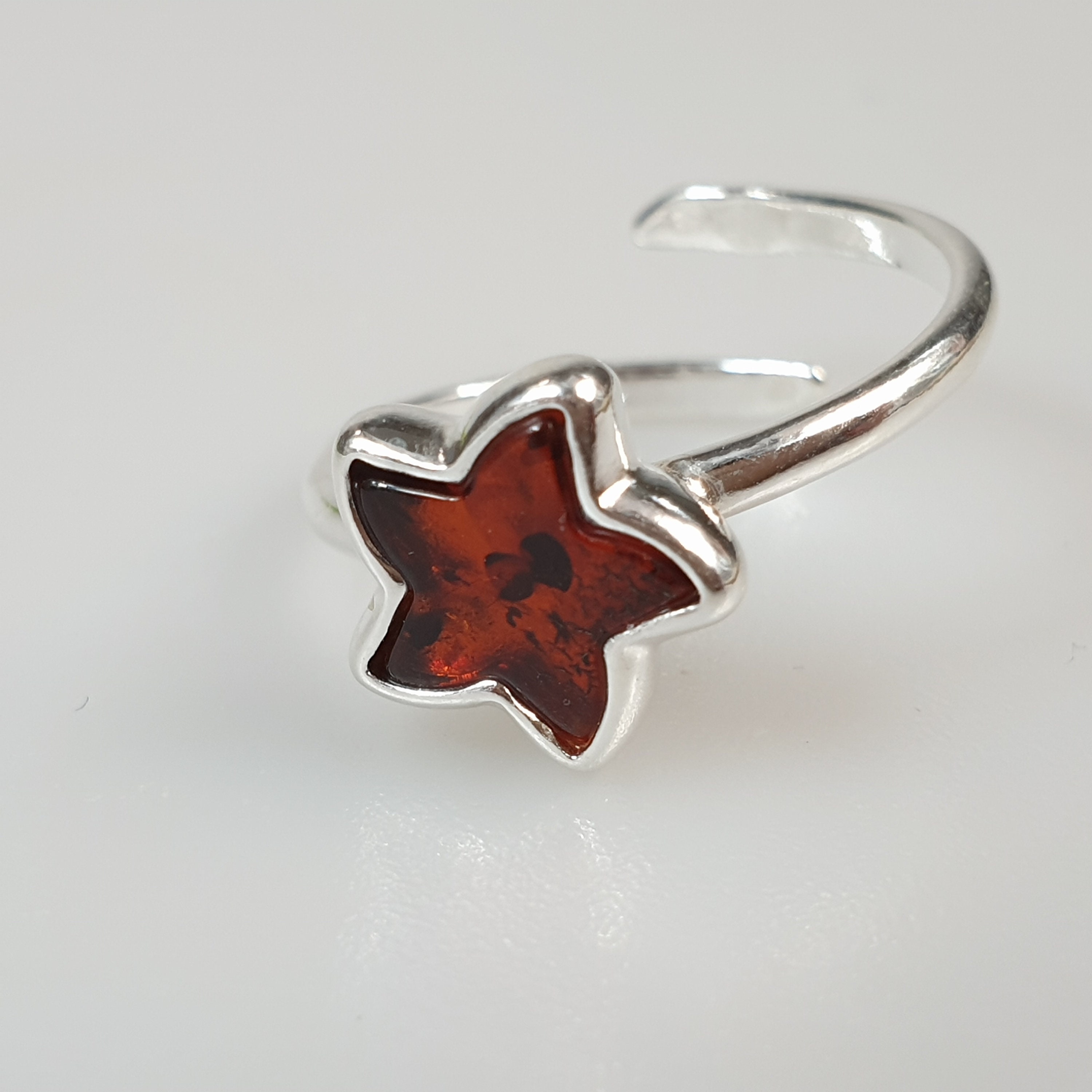 Star Amber Ring, Gemstone rings, crystal ring, adjustable,  resizable ring, heart ring, Small silver ring