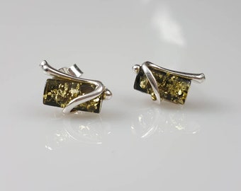 Green Baltic Amber Stud Earrings: Minimalist Sterling Silver Posts
