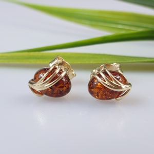 Amber stud earrings. gold plated Sterling silver 925.  Cognac Amber studs. Bernstein Ohrstecker. Stud in earrings. Very small gemstone studs