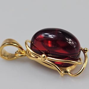 May include: A gold pendant with a deep red gemstone set in a delicate, ornate design.