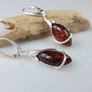 Cognac Baltic Amber Sterling Silver Earrings, Elegant Minimalist Style image 10