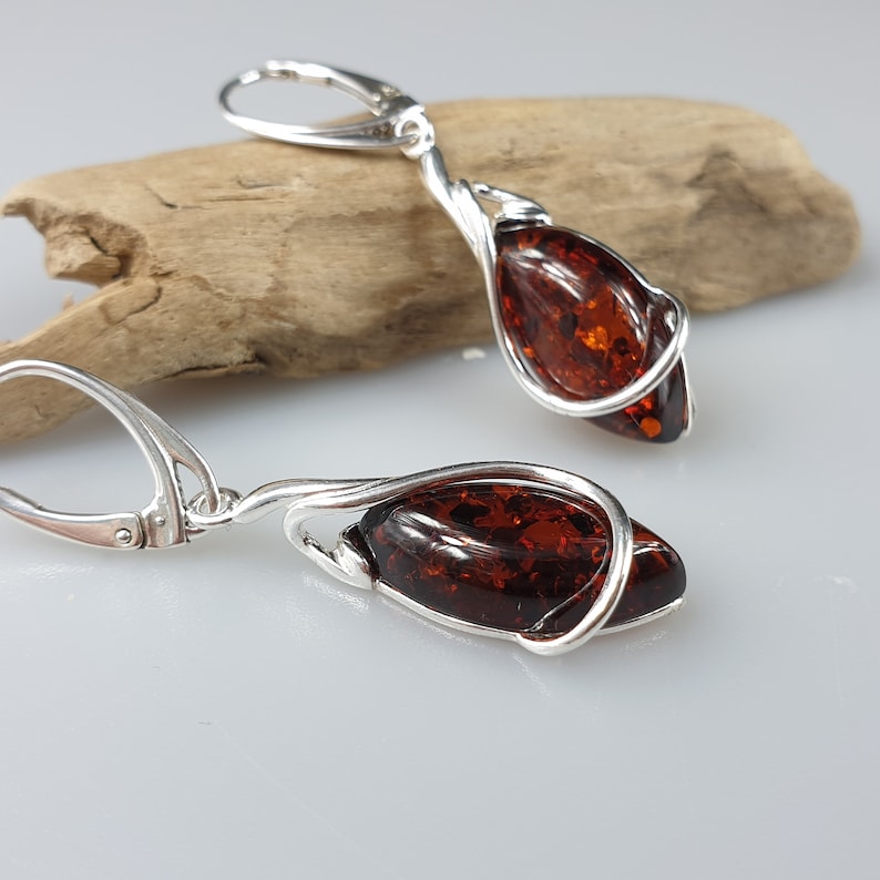 Cognac Baltic Amber Sterling Silver Earrings, Elegant Minimalist Style image 10