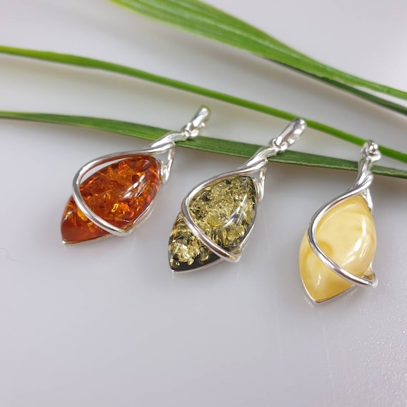 Baltic Amber 925 Sterling Silver Pendant, Cognac Green White Amber