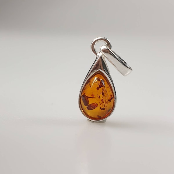 Tiny Baltic Amber Pendant, Genuine Sterling Silver Gemstone pendant, Small Pendant, teardop Amber Pendant mini crystal point Christmas gift