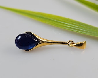 Small Blue Baltic Amber Pendant, Gold Plated Sterling Silver 925