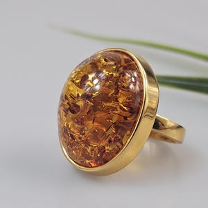 Big cognac Ring, Amber ring. Brown Amber. Sterling silver 925. Adjustable size. One size elegant gemstone ring, gold plated ring, crystals