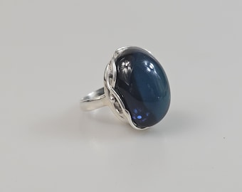 Blue Ring, Blue Amber Ring. Green Amber.  Sterling silver 925. Adjustable size. Big Ring. Unisex Ring. Crystal ring gemstone Mans