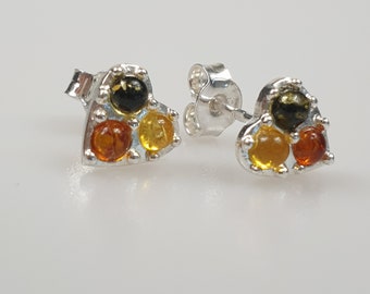 Stud in earrings, stud Amber earrings, amber jewelry, baltic amber, Natural Multi Colour Heart Earrings Cute Gift