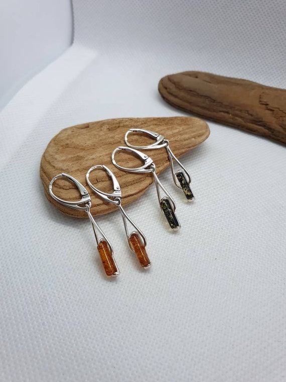 Amber and Silver earrings. Sterling silver 925. Green Amber earrings. Honey Amber earrings.