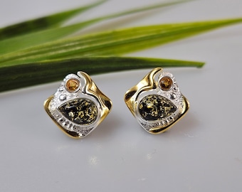 Baltic Amber Stud Earrings, Sterling Silver, Gold Plated Accents