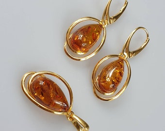 Baltische barnsteen sieradenset gouden hanger en oorbellen Cadeau voor haar echte sieraden