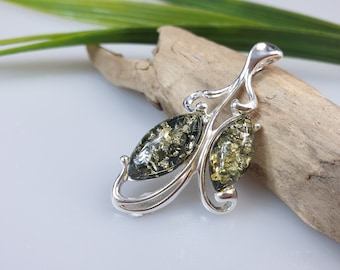 Green Baltic Amber Pendant: Sterling Silver Amulet, Handmade Jewelry