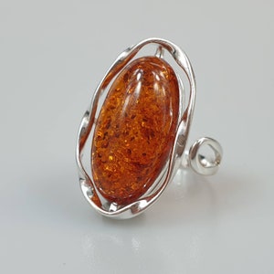Amber Ring, Gemstone rings, crystal ring, adjustable,  resizable ring, Sterlin silver ring, orange brown amber ring