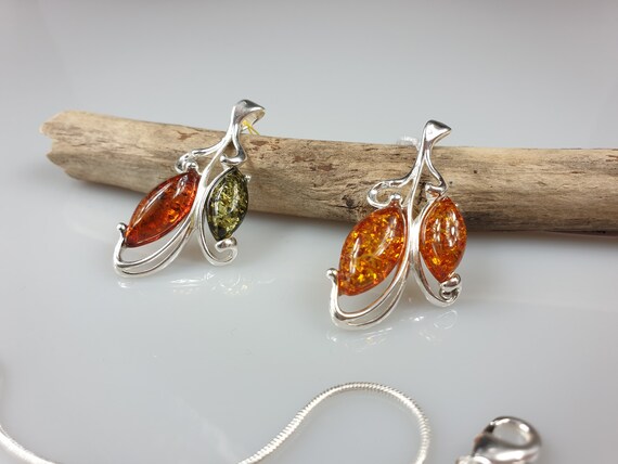 特別値下げ☆匿名配送☆ハンドメイドシルバー 琥珀ペンダント 925チェーン付 秋色 / 天然 琥珀 20mm】18金ペンダント シルバー925製ネックレス付