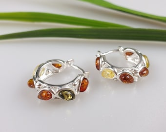 Baltic Amber Hoop Earrings: Sterling Silver Multi-Color Gemstone