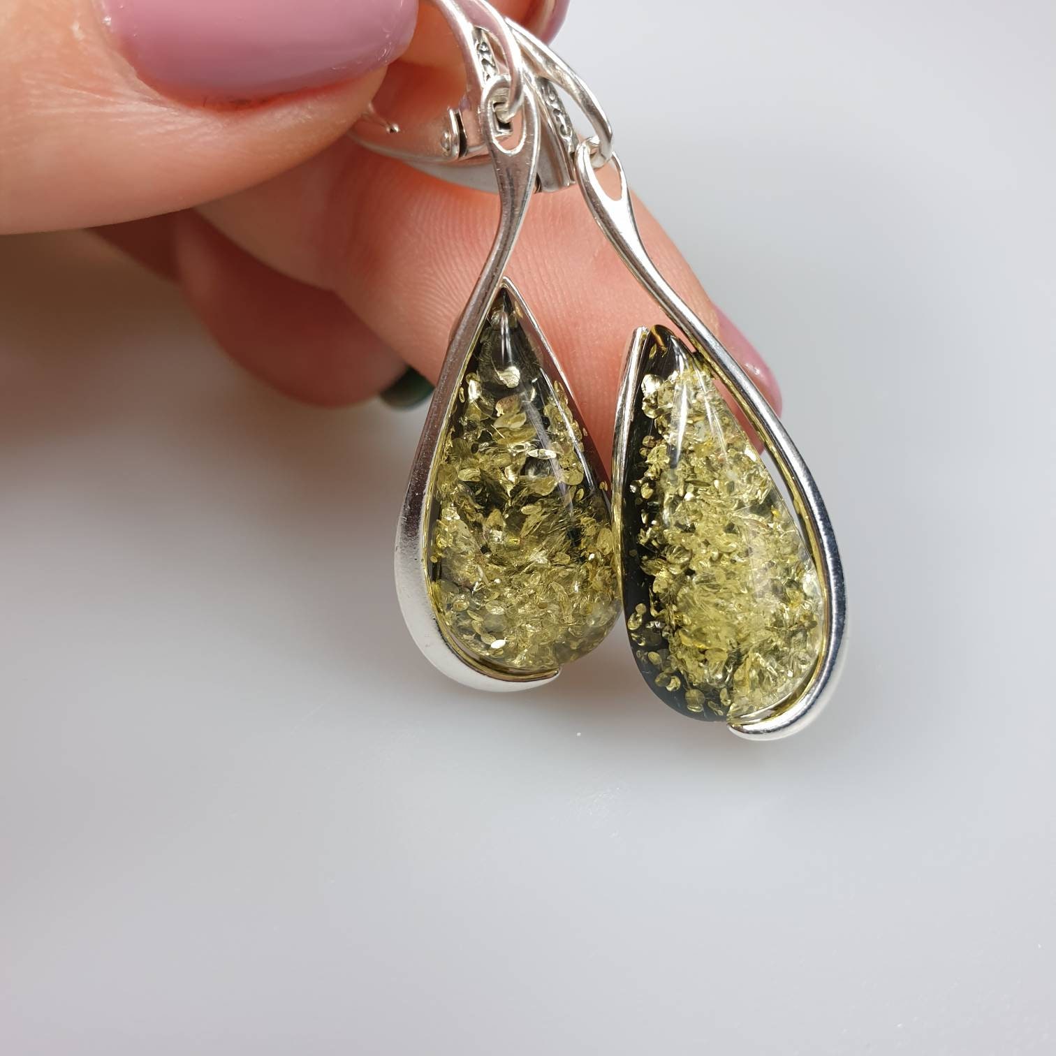 Orecchini A Goccia In Ambra Verde Naturale Dei Caraibi, Argento Sterling 925 Placcato Oro, 45mm - Eleganti E Unici