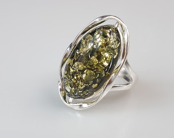 Green Baltic Amber Ring, Adjustable Sterling Silver