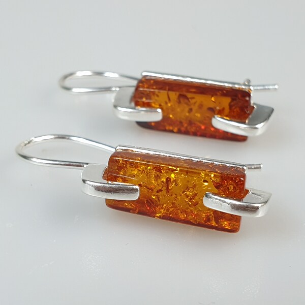Sterling Silver Baltic Amber Dangle Earrings – Modern Genuine Amber Jewelry