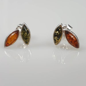 Può includere: Un paio di orecchini a lobo in argento sterling. Ogni orecchino presenta due pietre d'ambra a forma di foglia, nei toni dell'arancione e del verde. Gli orecchini sono su sfondo bianco.