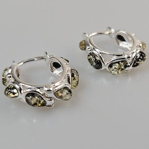 Green Baltic Amber Hoop Earrings: Sterling Silver Sleeper Hoops