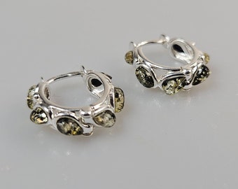 Green amber earring. Silver earrings. Small elegant Amber earrings. Amber jewelry. Baltic Amber Round multi colour hoop Earrings