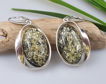 Green Amber Earrings, Sterling Silver 925 Earring, Natural Baltic amber jewellery, Large Gemstone Earrings, crystal earings, massive gift