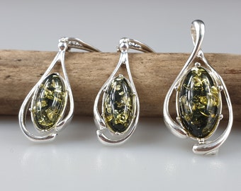 Amber Set Pendant And Earrings Set Sterling Silver 925 Silver Pendant Natural Amber Jewelry Big Amber Earrings Green Amber Set Gift mom